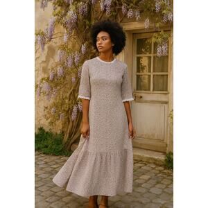 Vintage Purple Ditzy Floral Lace Scallop Collar Tiered Drop Waist Maxi Dress